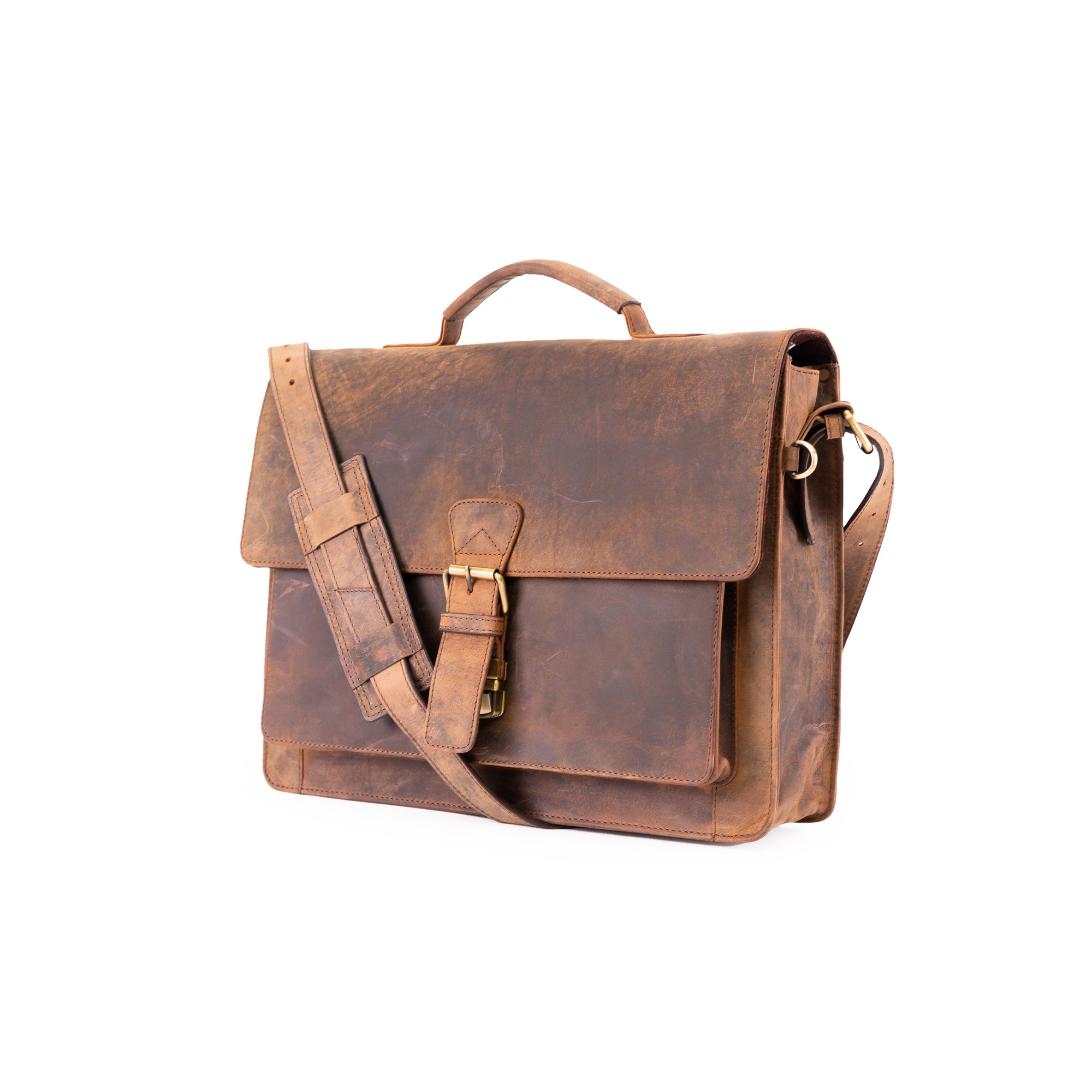 The Leather Briefcase Rover by Vintage Leather Sydney features a brown leather design with front buckle, top handle, and adjustable shoulder strap, shown on a white background.