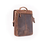 The Ryder Courier Satchel by Vintage Leather Sydney is a vintage-style brown leather briefcase with a top handle, front zipper pocket, and keychain tag—ideal for a stylish, professional look.