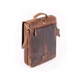 The Ryder Courier Satchel by Vintage Leather Sydney is a stylish brown leather briefcase featuring a handle, shoulder strap, front zipper pocket, and luggage tag, pictured upright on a white background.