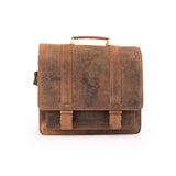 The Scout Leather Briefcase by Vintage Leather Sydney features vintage-style brown leather, a top handle, and two front buckle straps, shown against a white background.