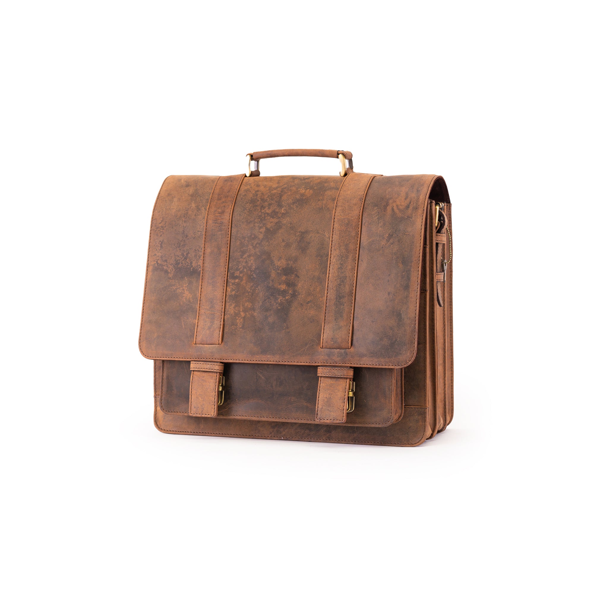 The Scout Leather Briefcase by Vintage Leather Sydney features a top handle, front flap closure, and two buckle straps in rich brown leather, showcased against a white background—perfect for stylish professionals seeking quality and function.