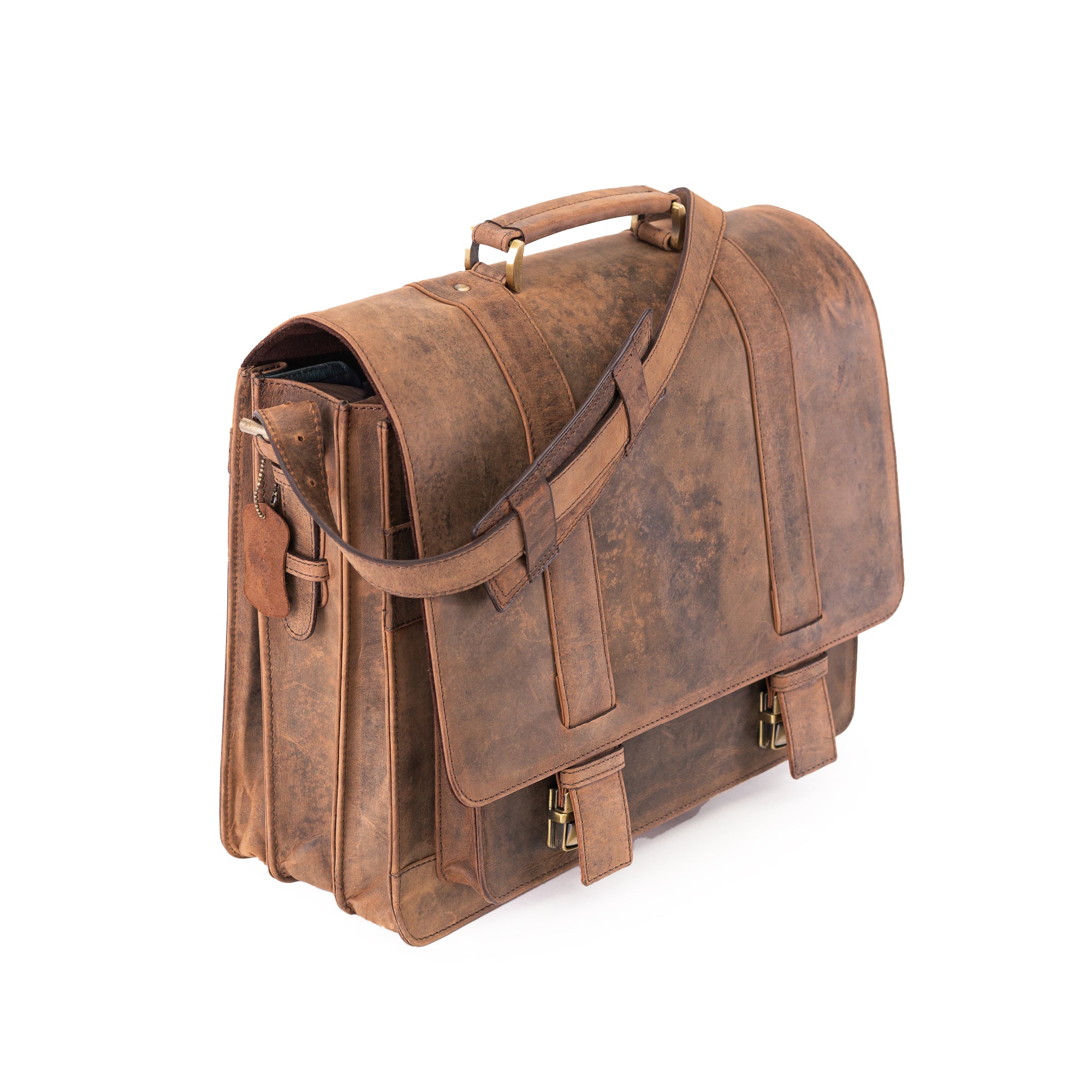 The Scout Leather Briefcase by Vintage Leather Sydney is shown on a white background, featuring brown leather, a top handle, adjustable shoulder strap, multiple compartments, and brass buckles.