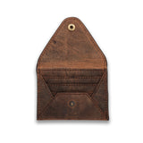 The Small Leather Wallet for Women Donta by Vintage Leather Sydney features brown leather, an envelope-style flap, two card slots, a pocket inside, visible stitching, and metal snap buttons for secure closure.