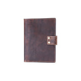 The A5 Leather Notebook Cover Stanford by Vintage Leather Sydney is a closed, dark brown full-grain leather cover with visible stitching and a snap-button strap, shown on a white background.