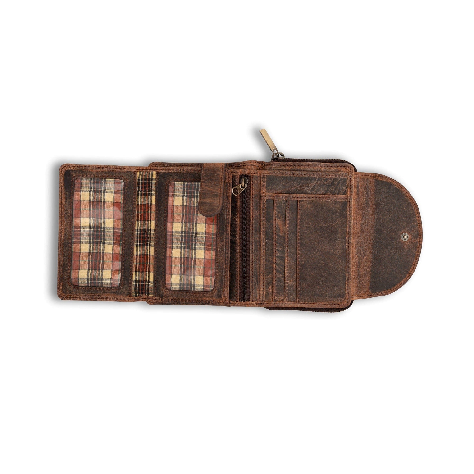 The Stylish Womens Trifold Wallets BRIA by Vintage Leather Sydney is a brown leather wallet with a vintage waxed finish, snap-button flap, multiple card slots, zip pocket, plaid fabric lining, and two ID windows.