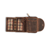 The Stylish Womens Trifold Wallets BRIA by Vintage Leather Sydney is a brown leather wallet with a vintage waxed finish, snap-button flap, multiple card slots, zip pocket, plaid fabric lining, and two ID windows.