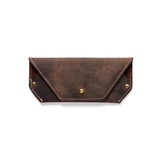 The Leather Glasses Case Luke by Vintage Leather Sydney features brown full-grain leather, visible stitching, and three brass button closures for superior glasses protection, shown against a white background.