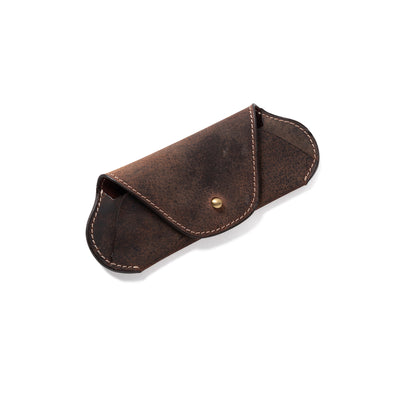 The Leather Glasses Pouch Case Owen by Vintage Leather Sydney is a brown full-grain leather case with white stitching and a brass snap button, shown closed on a white background.