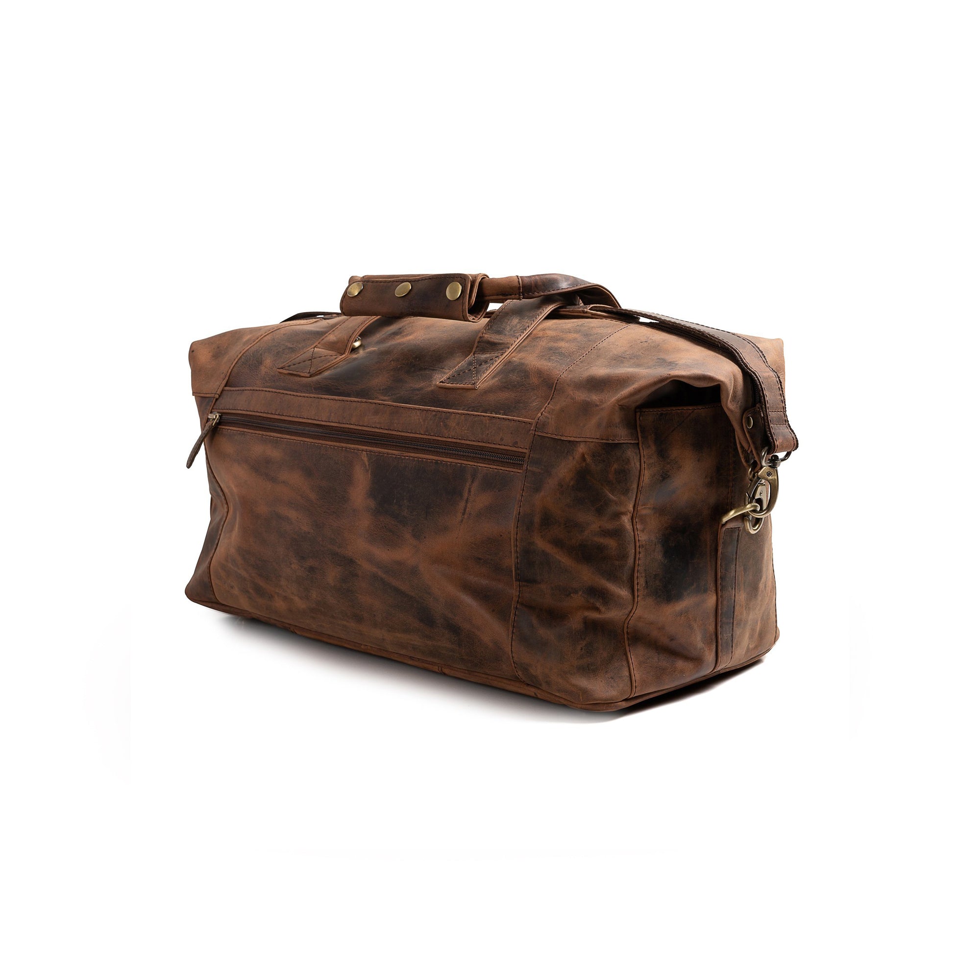 The Vintage Leather Altico Weekender Bag features sturdy handles, a front zip pocket, and a side strap; its large brown leather design with a weathered finish makes it an ideal men’s overnight bag, shown on a white background.