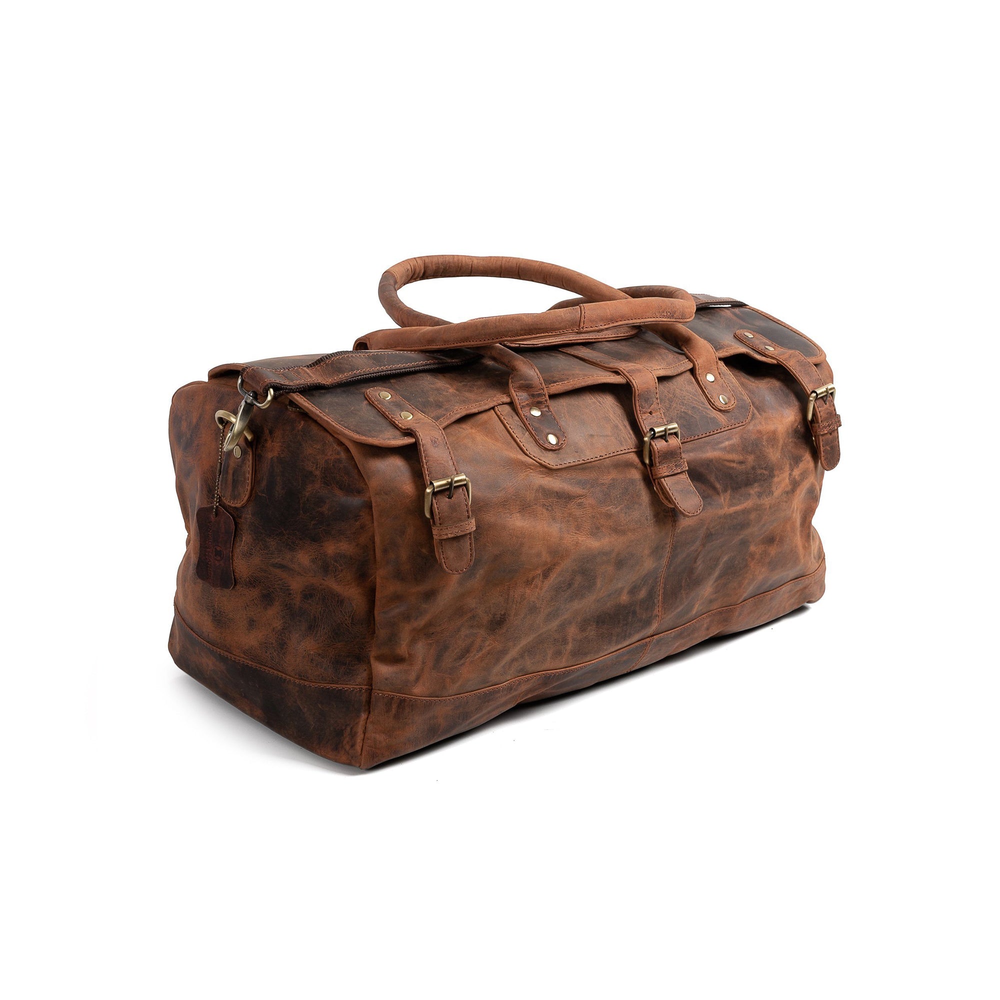 The Vintage Leather Essex Leather Duffle Bag features a vintage-style brown design with two handles, buckled straps, and brass hardware—ideal as an overnight bag. Shown on a white background.