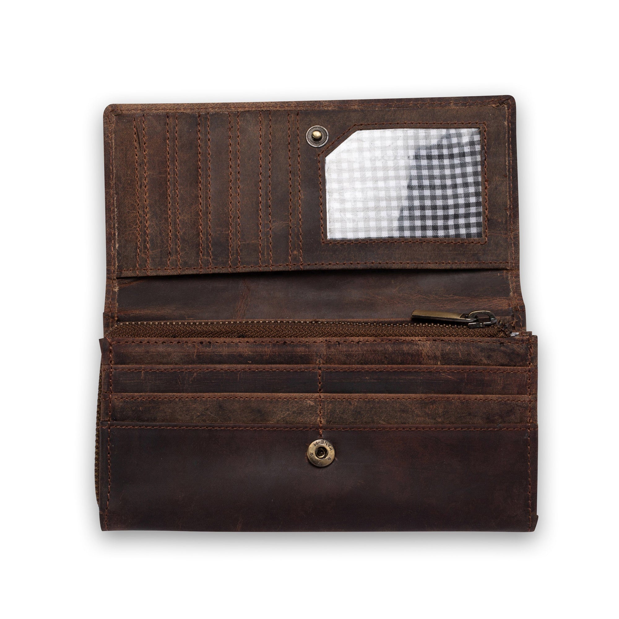 The Vintage Leather Women Leather Wallet Camellia in brown full-grain leather is open, showing card slots, a clear ID window with white and gray checkered lining, a zippered pocket, and cash compartments.