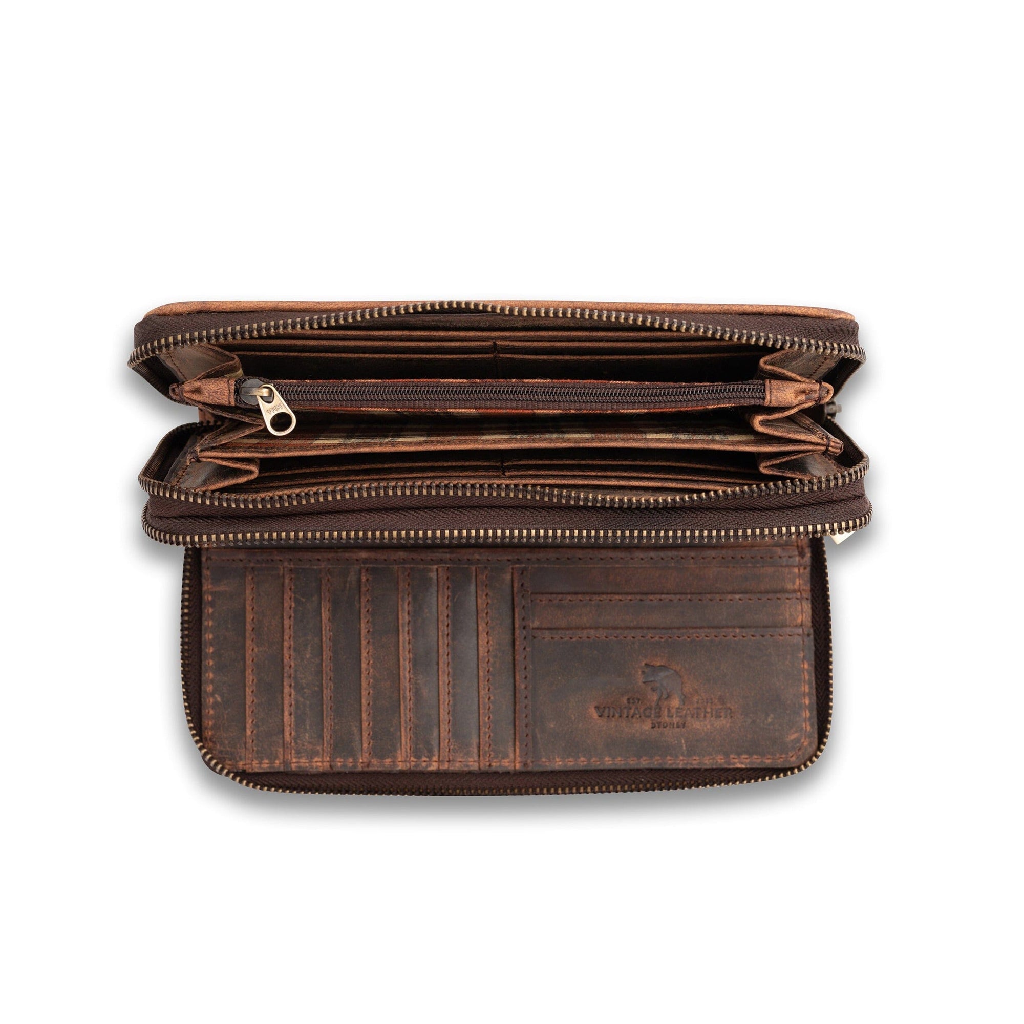 The Vintage Leather Sydney Leather Large Wallet for Ladies Bella in brown is shown on a white background, featuring multiple compartments, zippered sections, and card slots.
