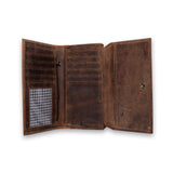 The Womens Wallet Laurel by Vintage Leather is crafted from full-grain leather, featuring multiple card slots, a checkered ID window, and a snap button compartment on the right, shown on a white background.