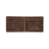 The Mens Leather Bifold Wallet Hugo by Vintage Leather Sydney features an open brown vintage look, multiple card slots and pockets, a horse logo, and "Vintage Leather" on the right—perfect for classic style.
