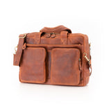 The Leather Messenger Bag Zenith by Vintage Leather Sydney features two front zippered pockets, a shoulder strap, and sturdy handles for style and functionality, shown against a white background.