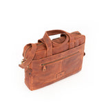 The Leather Messenger Bag Zenith by Vintage Leather Sydney features a brown leather design with a front zipper pocket, top handles, and a detachable shoulder strap, shown against a white background.