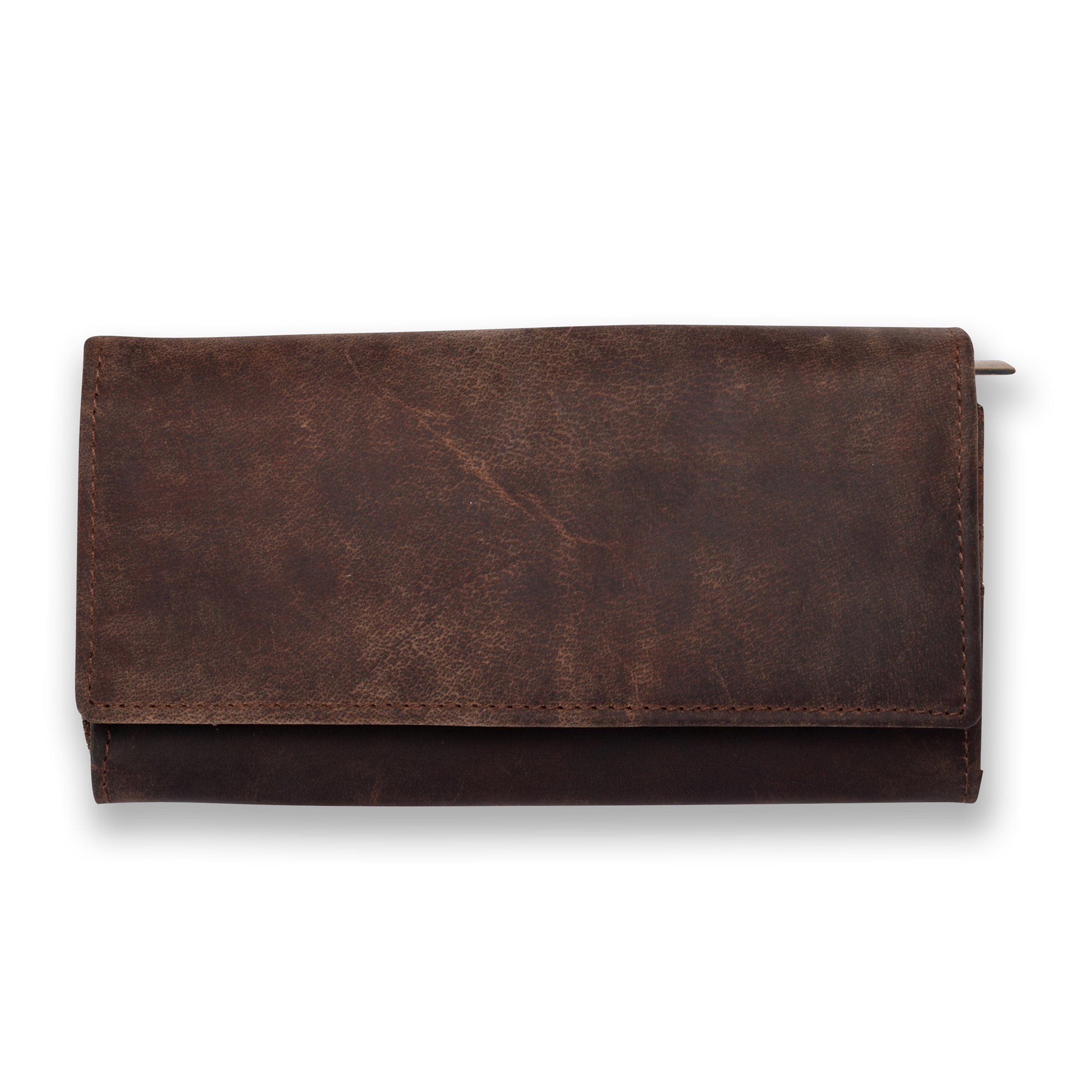 The Vintage Leather Women Leather Wallet Camellia, a hand-stitched rectangular wallet with a vintage look, is shown closed against a white background.