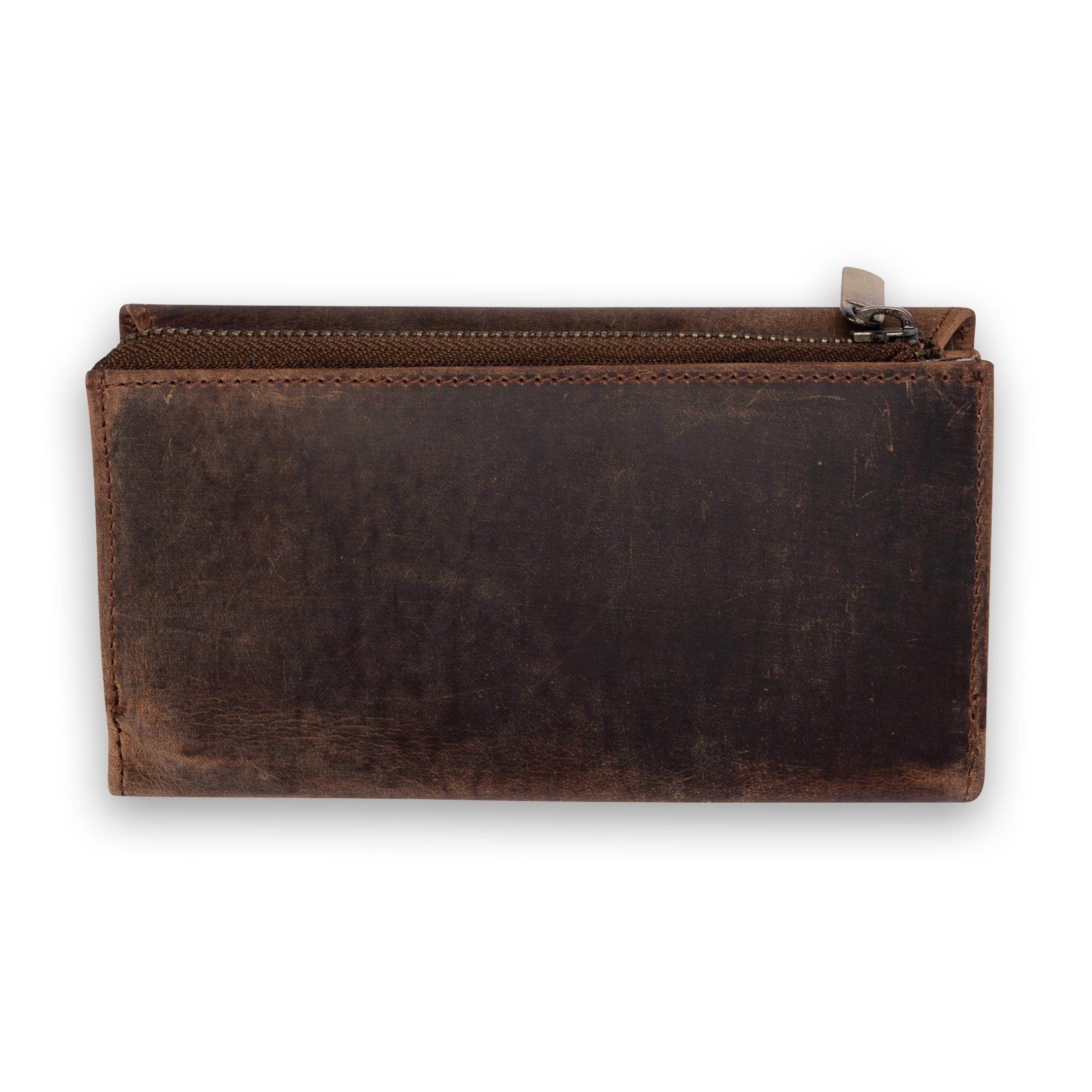 The Womens Wallet Laurel by Vintage Leather features full-grain brown leather and a top zipper, shown against a white background.