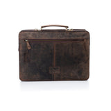 The Parker Leather Mens Briefcase by Vintage Leather Sydney, in dark brown vintage leather, features a top handle, front zipper pocket, and leather tag—an ideal professional accessory shown on a white background.