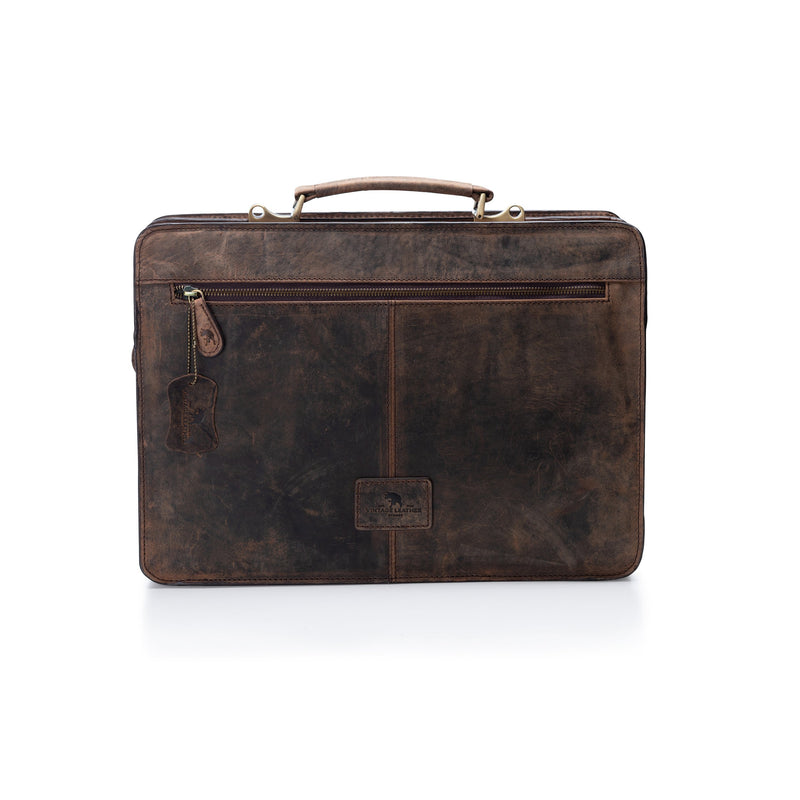 The Parker Leather Mens Briefcase by Vintage Leather Sydney, in dark brown vintage leather, features a top handle, front zipper pocket, and leather tag—an ideal professional accessory shown on a white background.